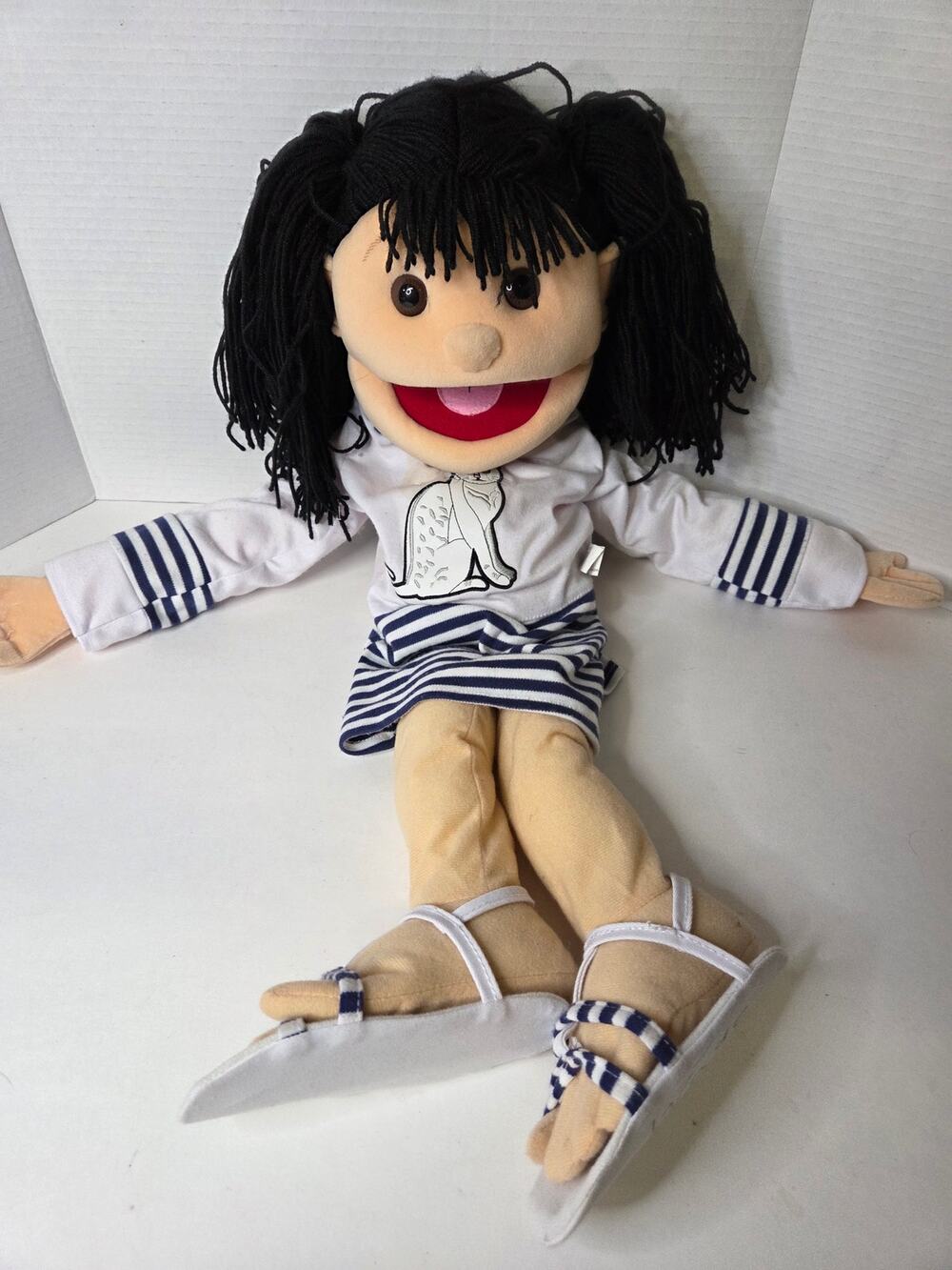 Sunny & Co Toys Girl Hand Puppet Black Hair Striped Outfit Vintage 2005